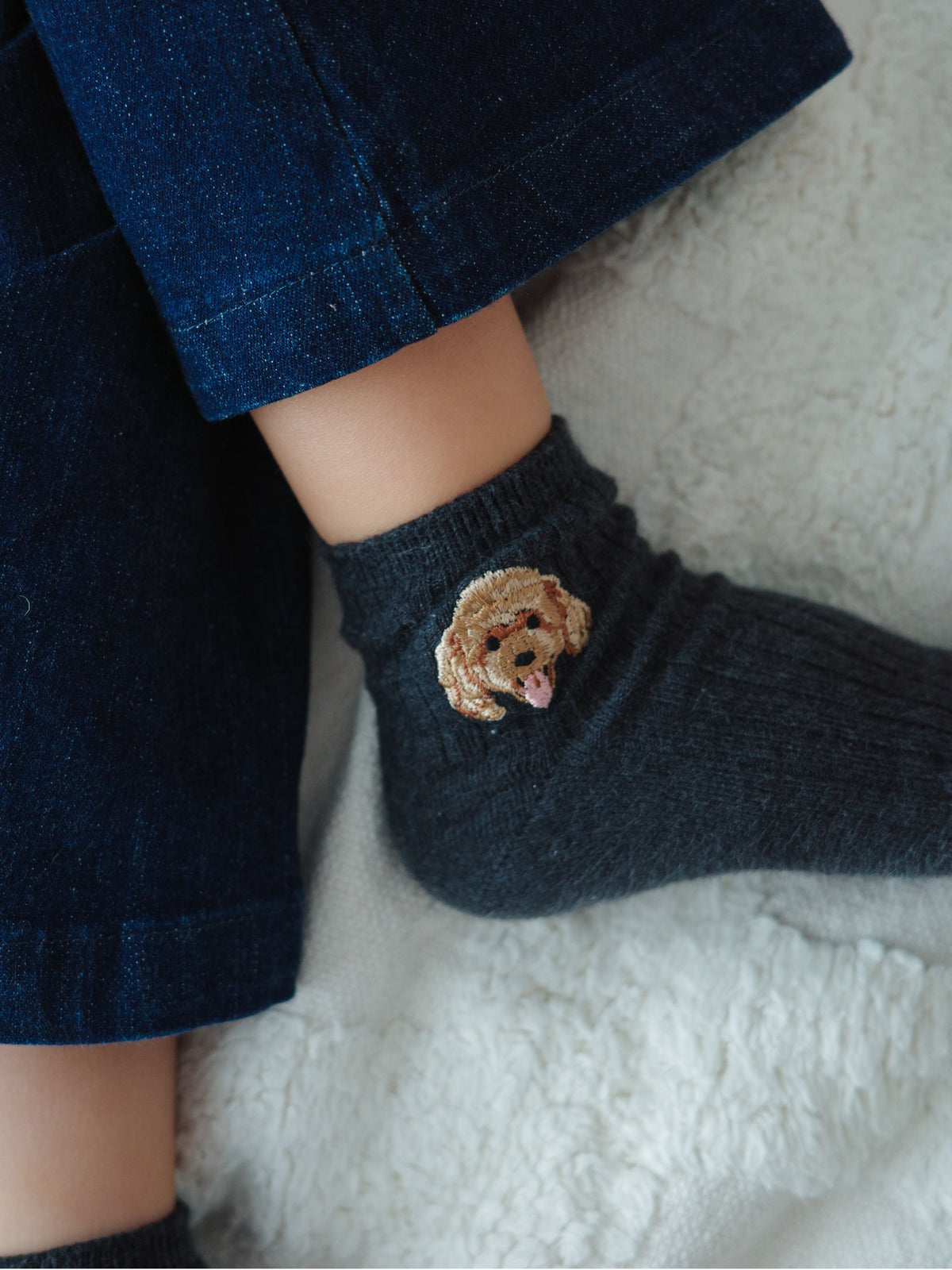 【キッズ】わんにゃん刺繍ショートソックス / 19-21㎝