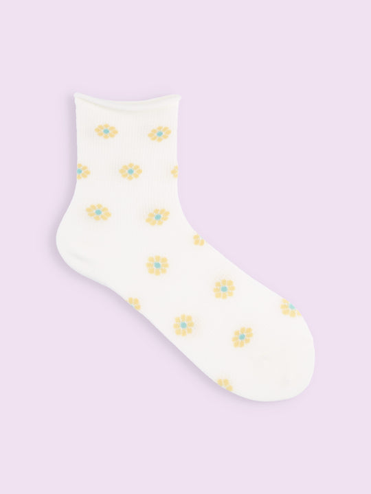 【3足1,485円】ゴム口ゆったりくるくるワッフル花柄ショートソックス
