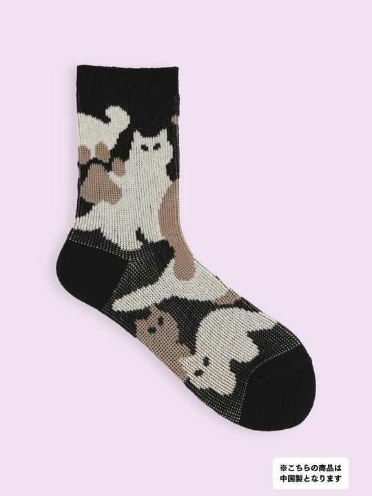 【3足1,485円】ジャカード編にゃんこカモフラ風ソックス