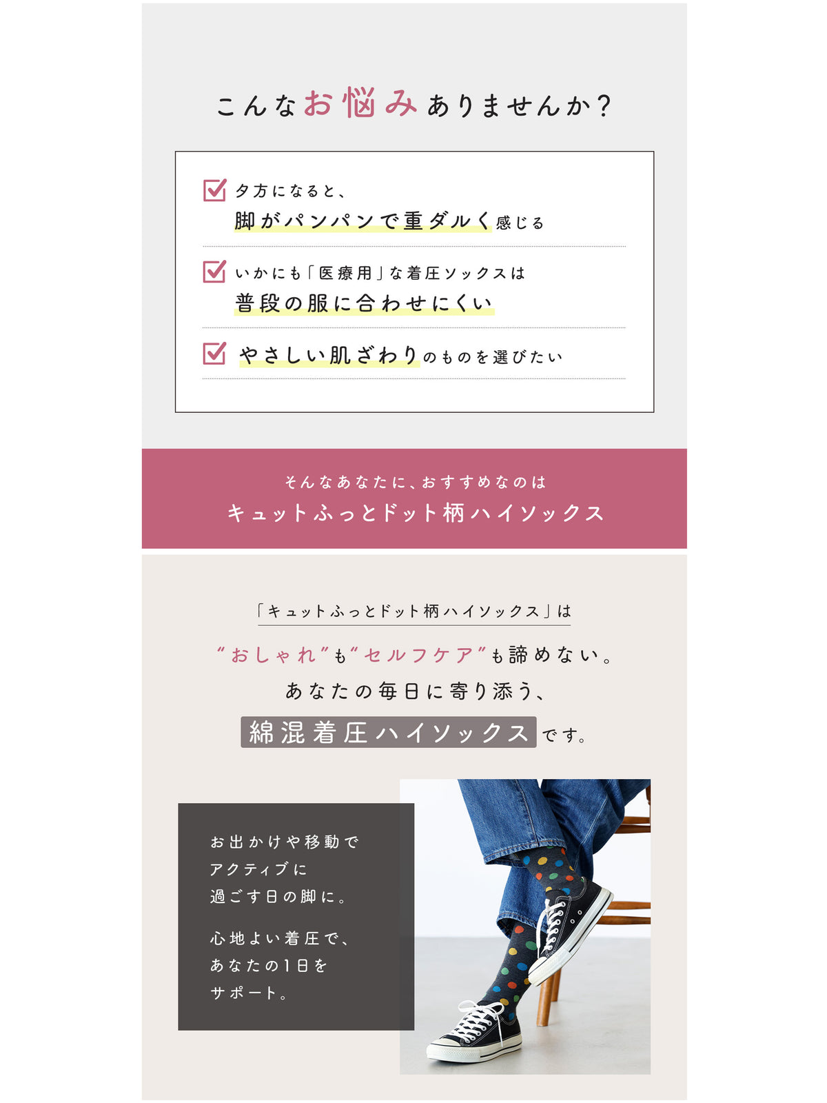 【着圧ソックス】WEB限定 肌ざわりやさしく心地よい綿混着圧ドット柄ハイソックス<キュットふっと>