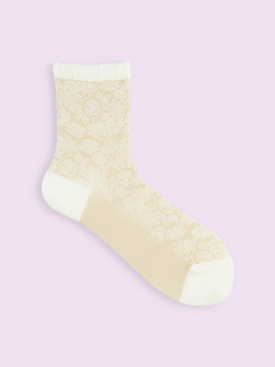 【3足1,485円】毛混フリル総花柄レースショートソックス