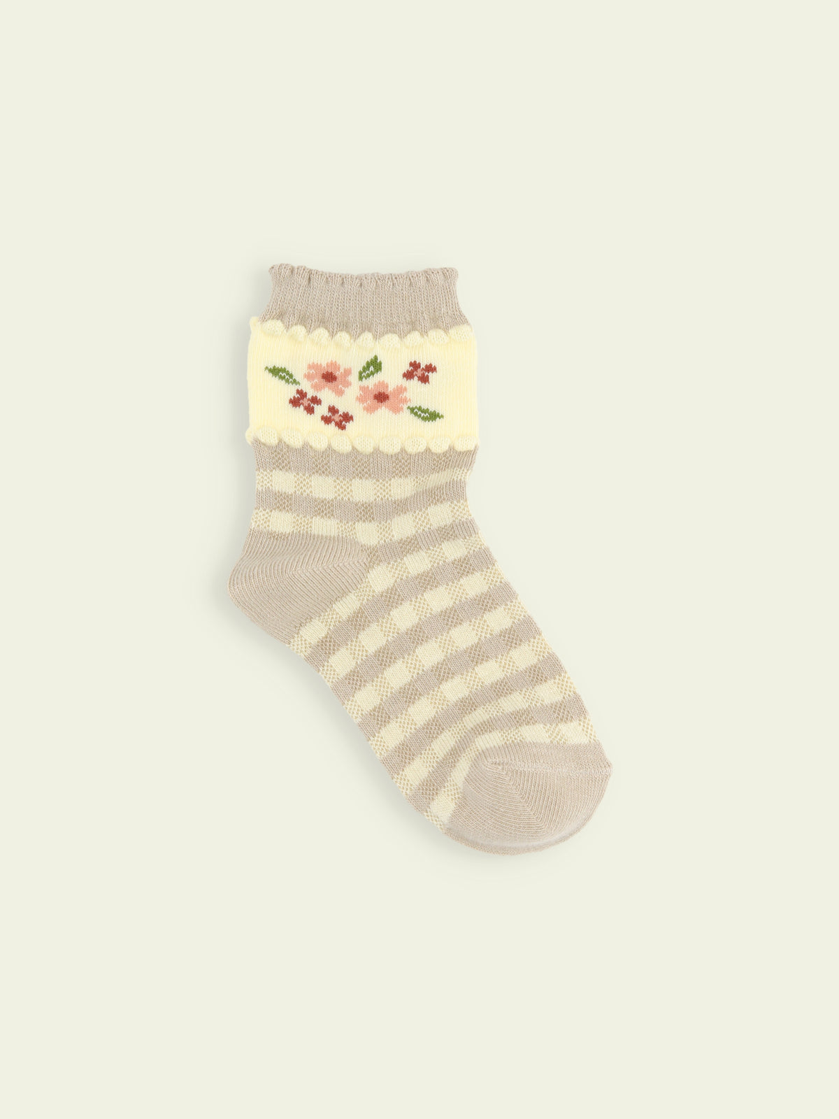 【3足1,485円】キッズ 小花チェック柄ショートソックス / 13-15cm - ベージュ