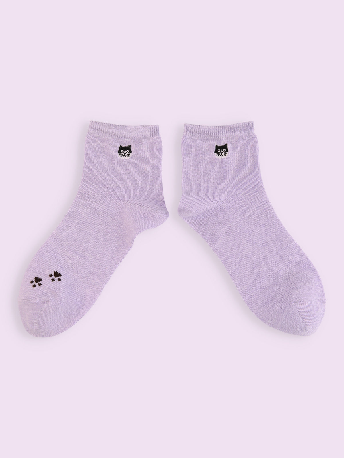 【3足1,485円】にゃんこ刺繍ショートソックス - ラベンダー＋ハチワレ