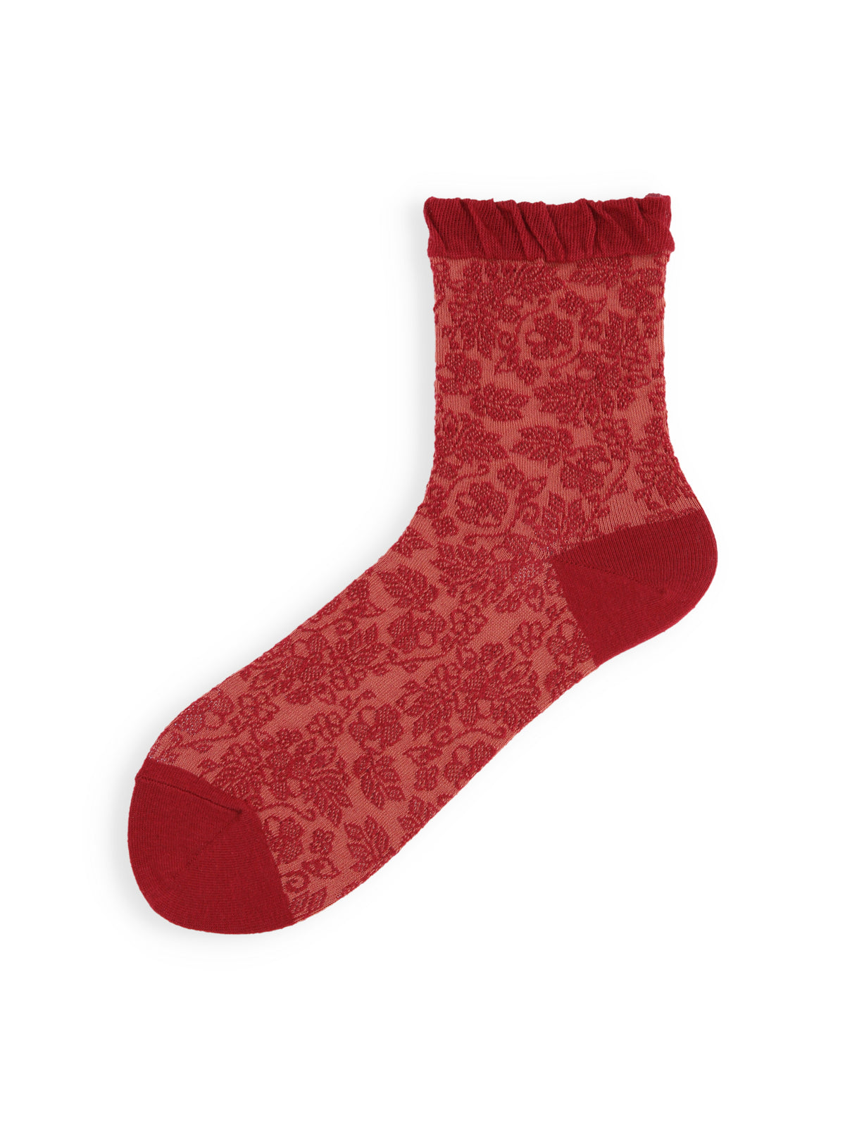 【3足1,485円】フリル総花柄レースショートソックス - ダークレッド