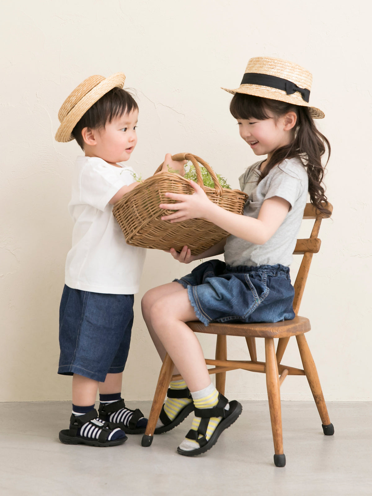 【キッズ】ボーダーショート丈ソックス / 16-18cm - ライトグレーモク+イエロー