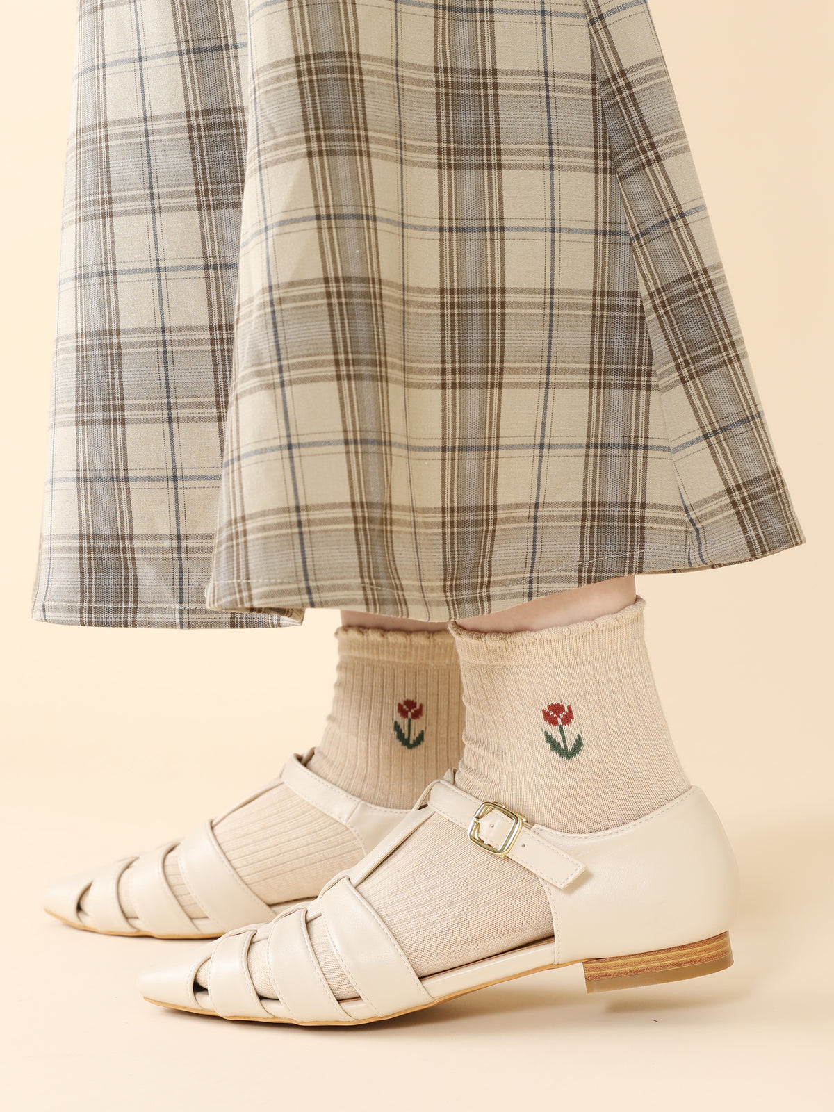 【3足1,485円】レトロチューリップショートソックス - ベージュ