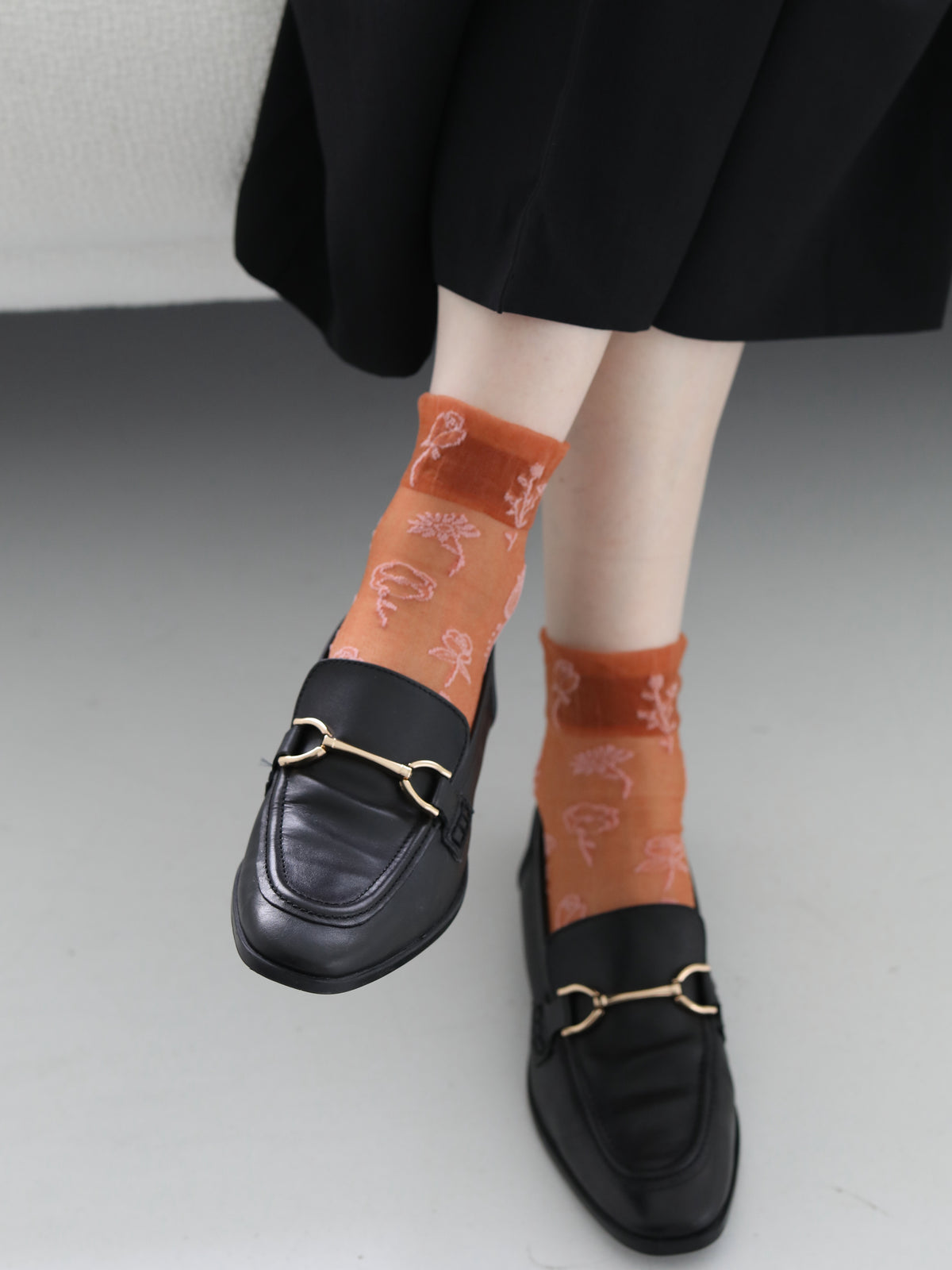 シアーワントーン花柄ショートソックス - アンバー