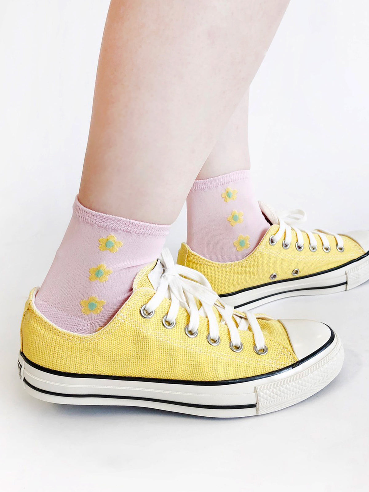 【3足1,485円】お花ラインシースルーショートソックス - ピンク