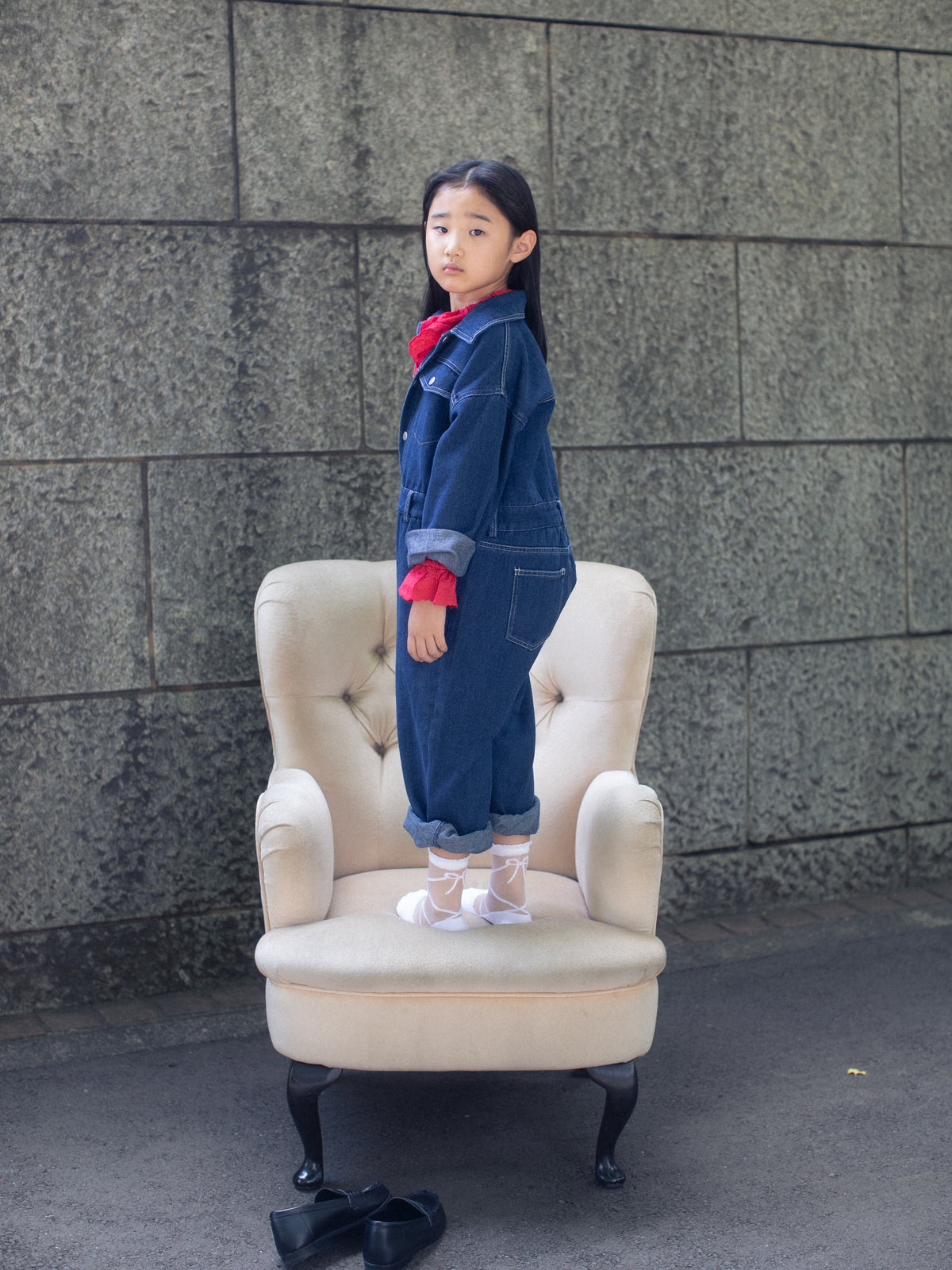 【キッズ】 レースアップ柄シアーショートソックス / 16-18cm