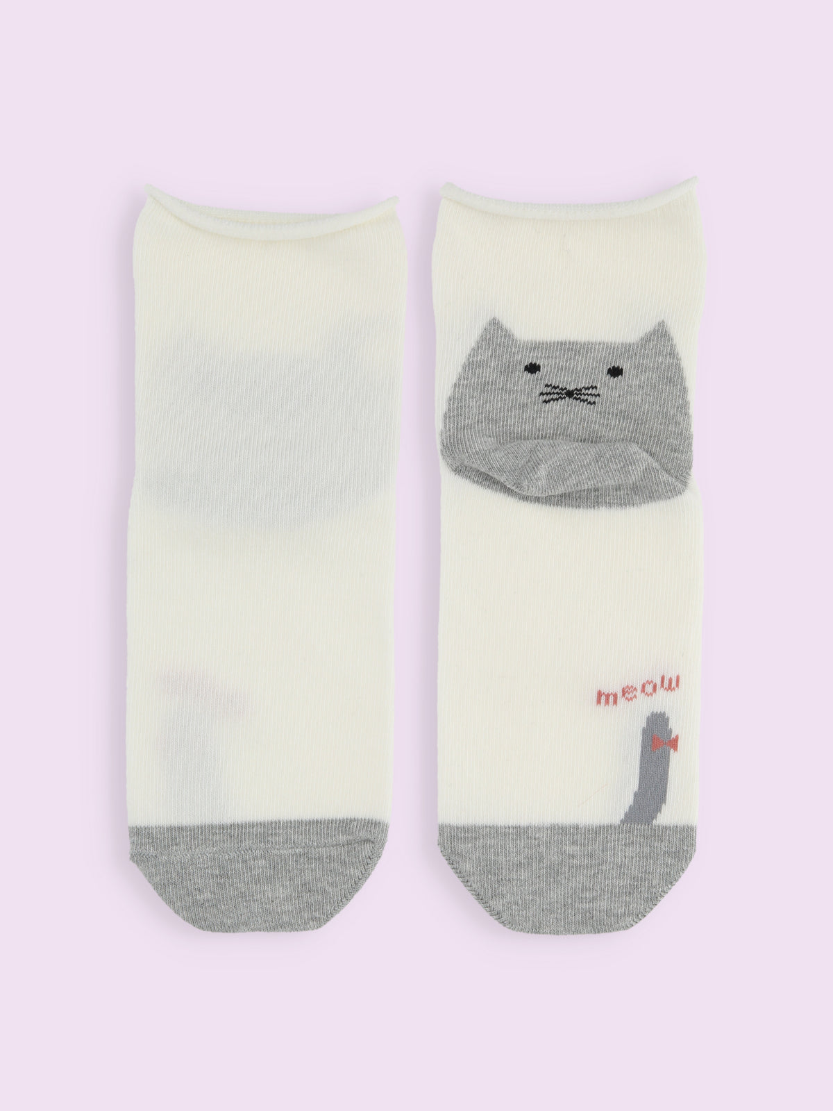 【3足1,485円】かかとねこ履き口くるくるショートソックス - キナリ+グレーモク
