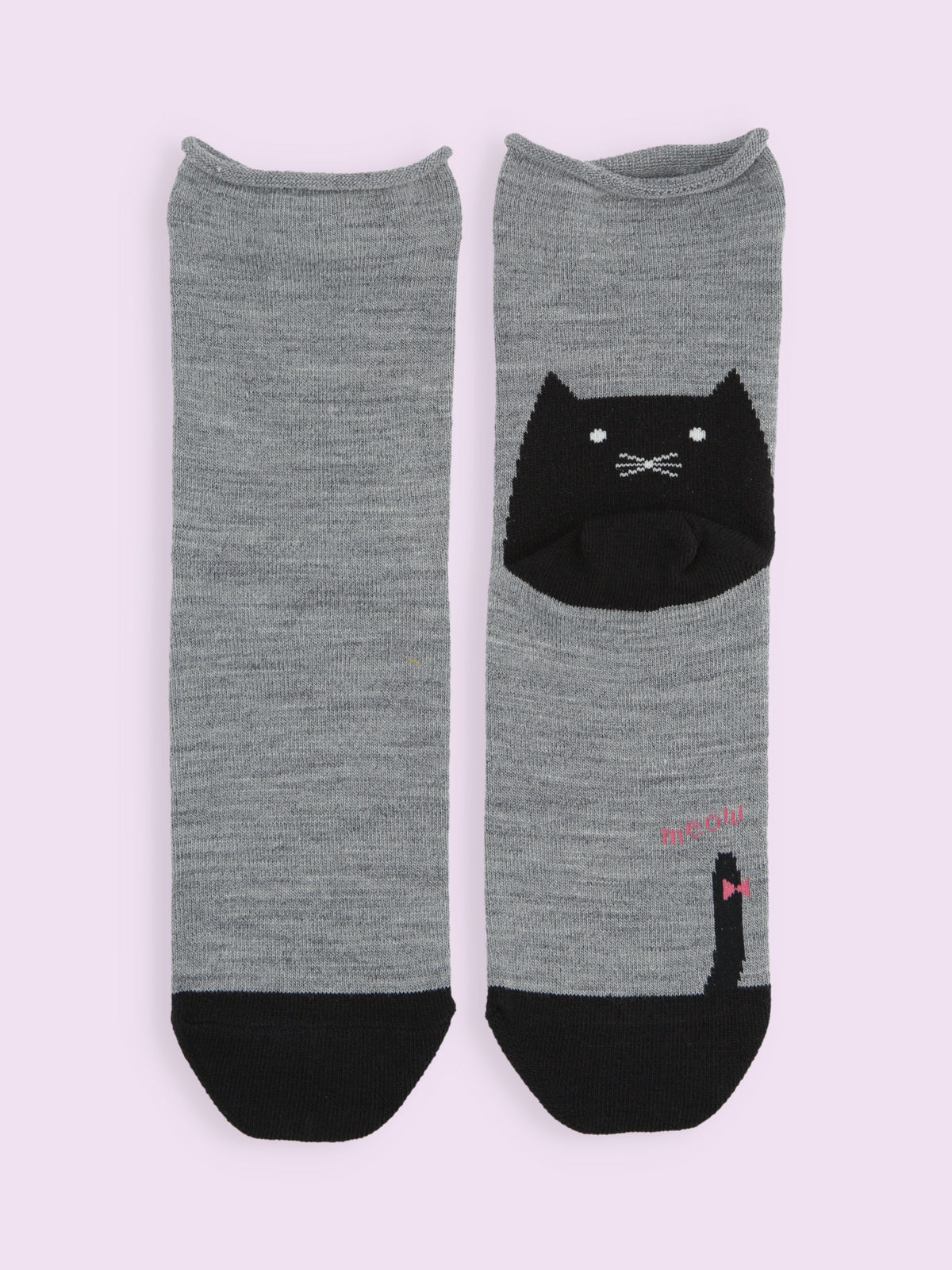 【3足1,485円】毛混かかとねこ履き口くるくるショートソックス - グレーモク