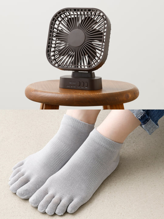 【THREEUP×靴下屋】WEB限定 冷感五本指ソックス・コードレスファンひんやりセット＜グレー＞