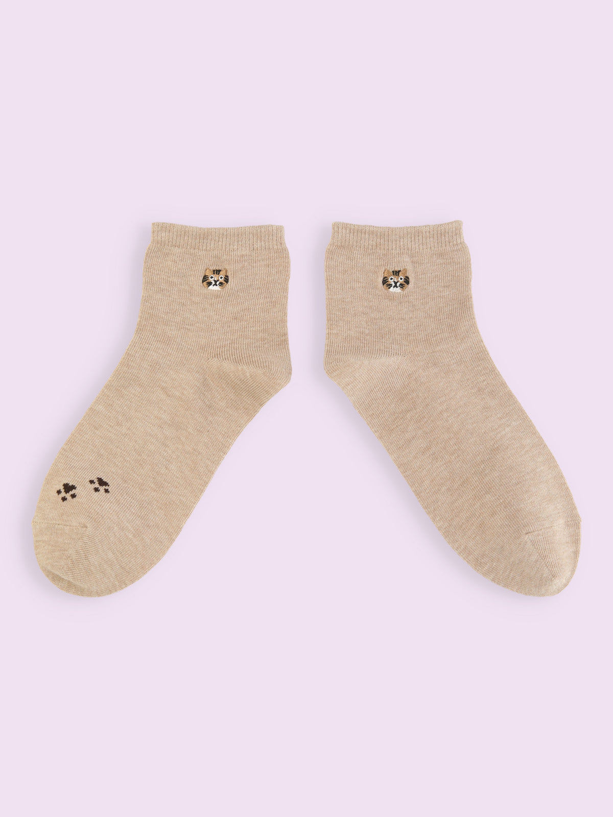 【3足1,485円】にゃんこ刺繍ショートソックス - ベージュモク＋キジトラ