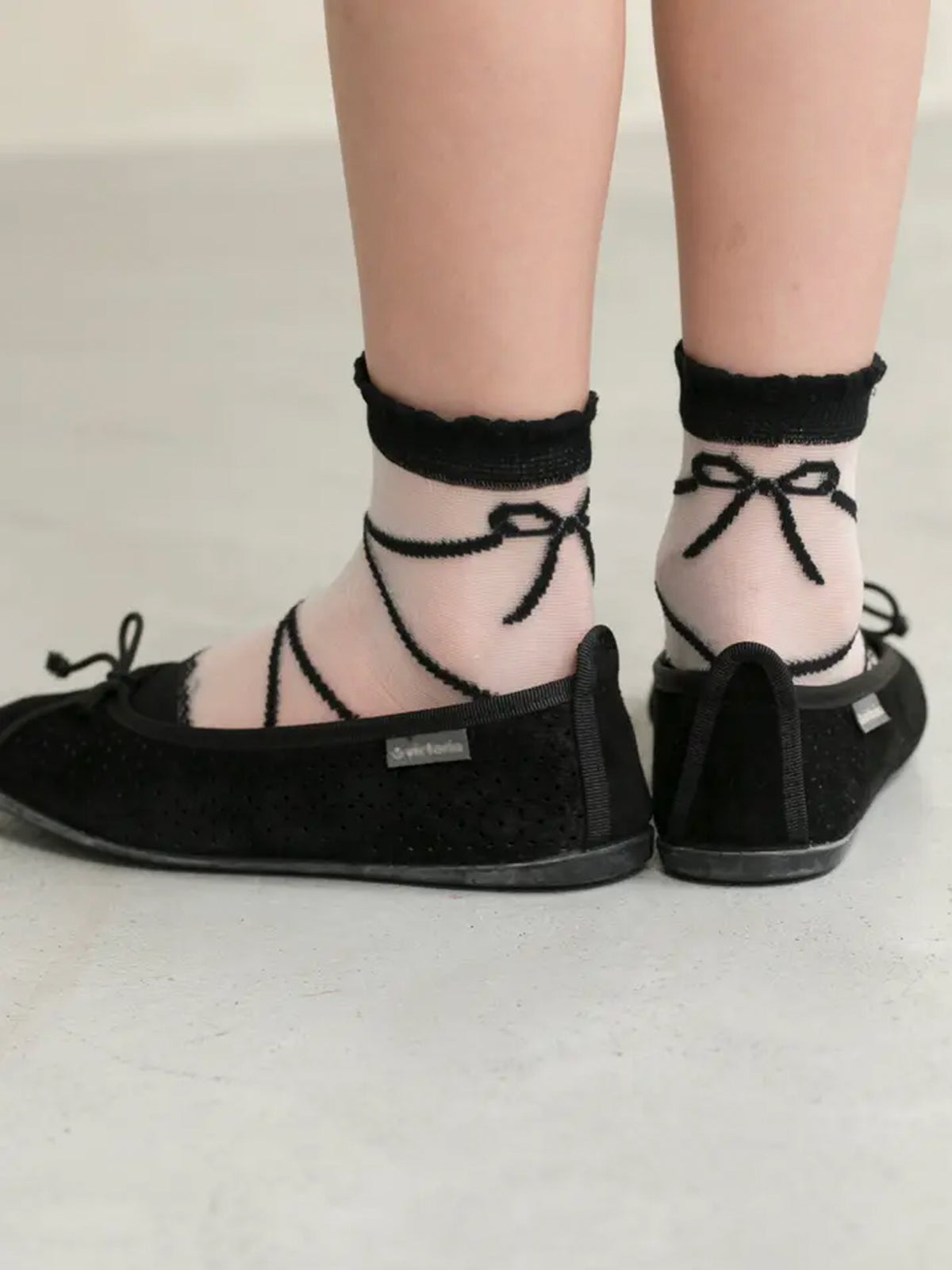 【キッズ】 レースアップシアーショートソックス / 19-21cm - クロ