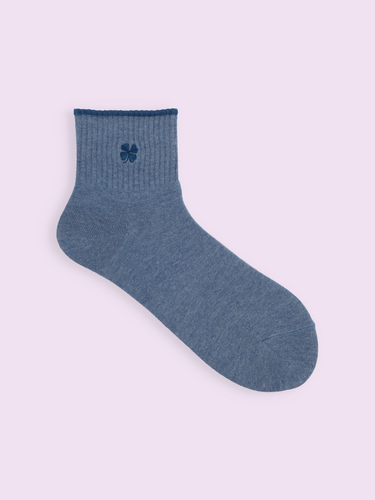 【3足1,485円】クローバー刺繍ショートソックス - ブルー