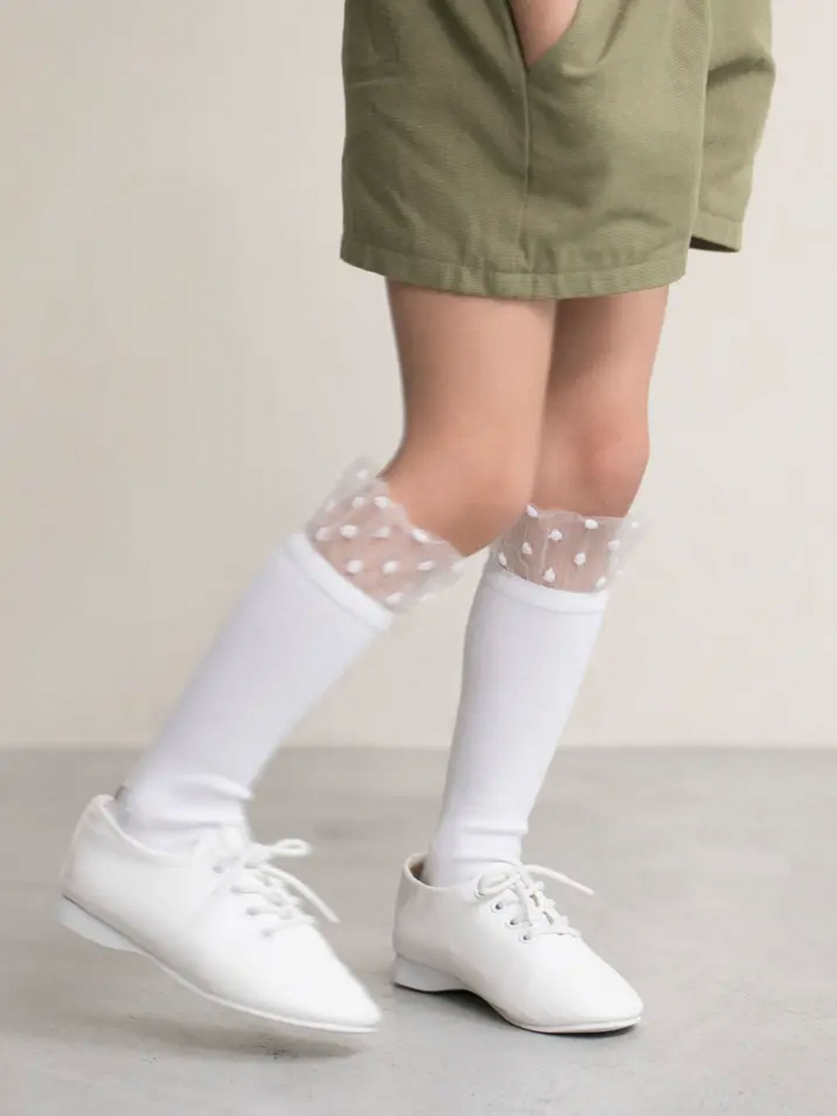 【キッズ】 履口チュールドット柄ハイソックス / 19-21cm