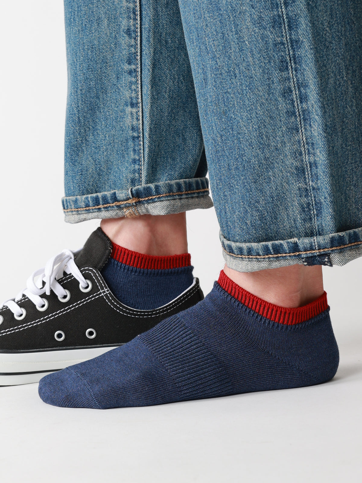【Tabio MEN】定番/サポート入り2枚重ねスニーカー丈ソックス(25.0～27.0cm) - インディゴ+レッド