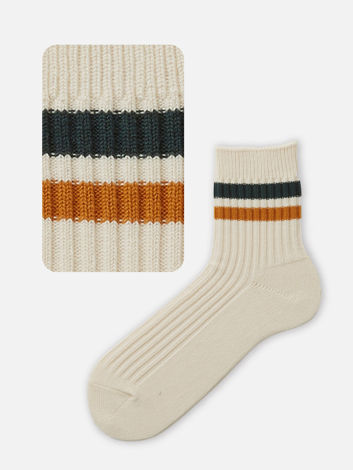 【Tabio MEN】綿混2本ラインショートソックス(27.0～29.0cm) - アイボリー+グリーン+コニャック