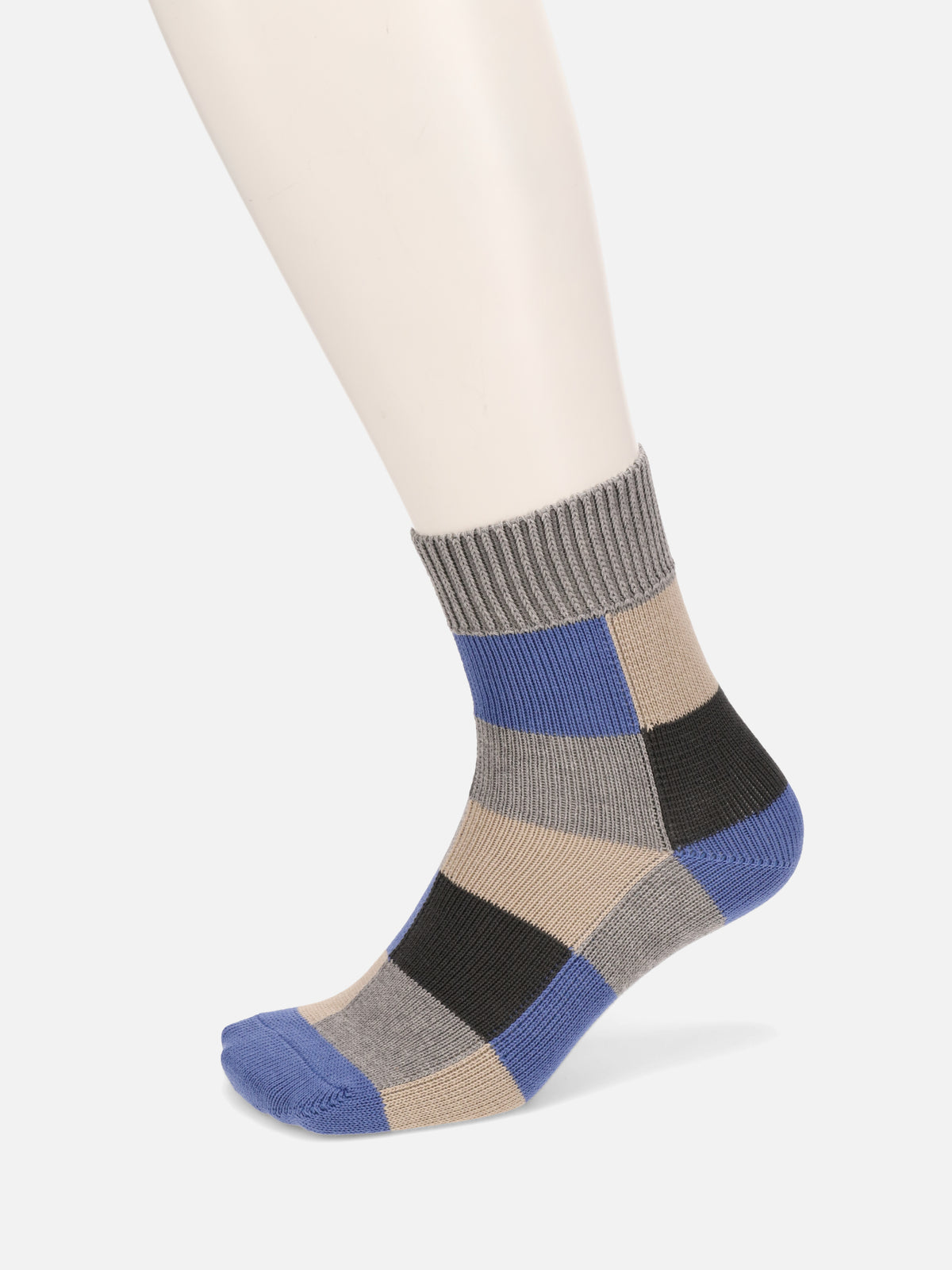 【Tabio MEN】クレイジーブロックショート丈ソックス - モクグレー＋ブルー