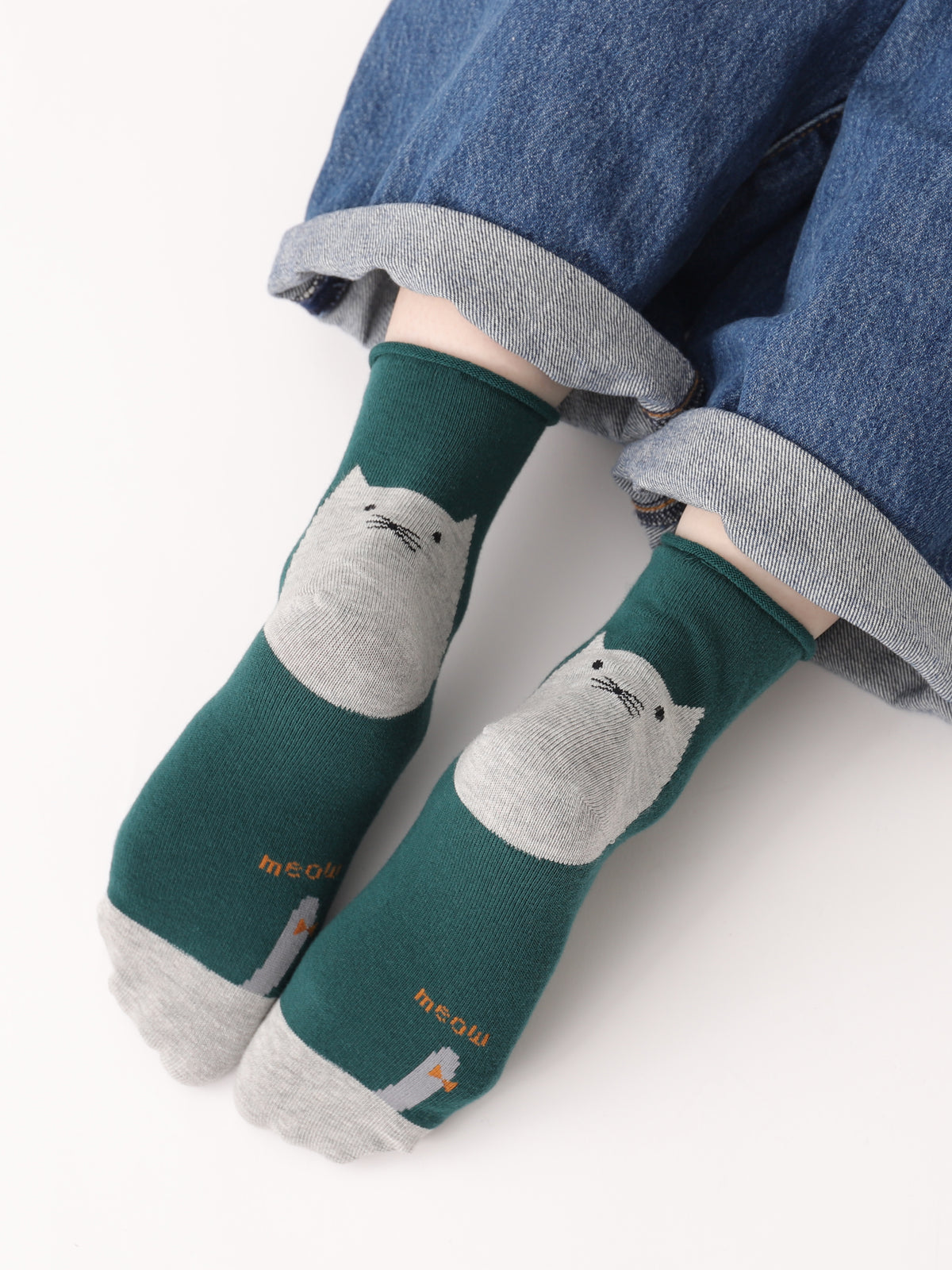 【3足1,485円】かかとねこ履き口くるくるショートソックス - グリーン