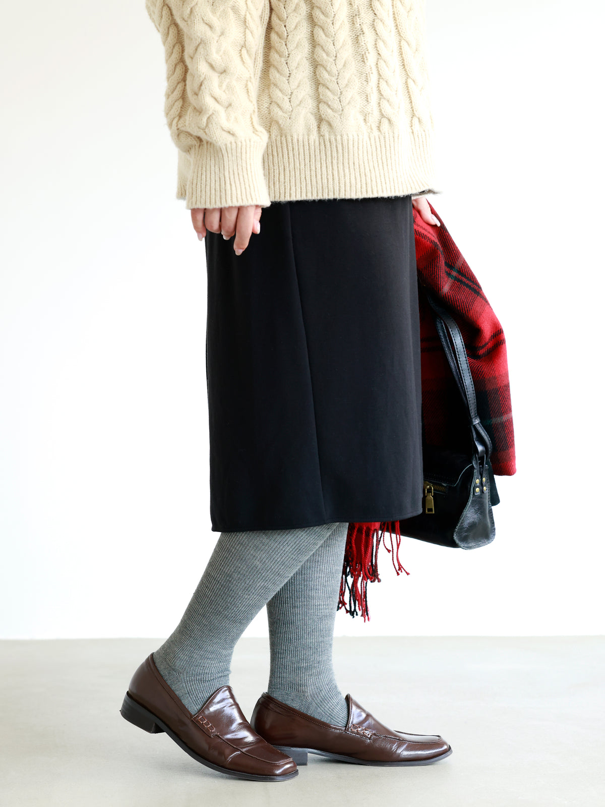 【裏起毛】ゆったりウエスト細リブ400デニールタイツ - グレー