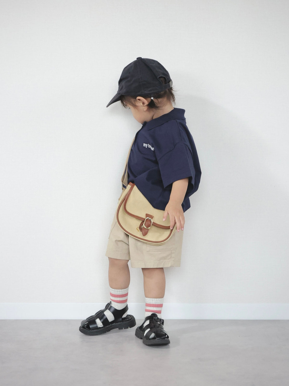 【キッズ】表糸コットン100％で毛玉が出来にくい すべり止め付 ラインソックス / 13-15cm - ライトグレージュ+クスミピンク