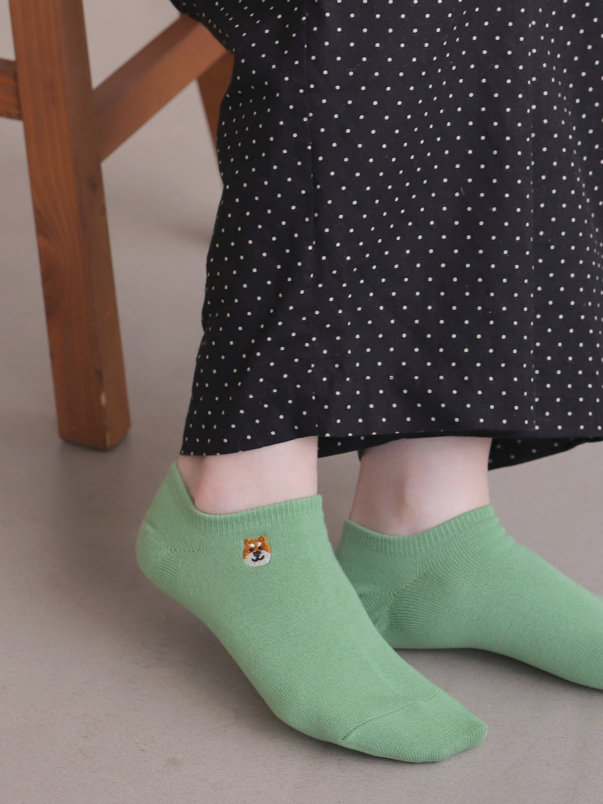 【3足1,485円】わんこ刺繍スニーカー丈ソックス - マッチャ＋シバケン