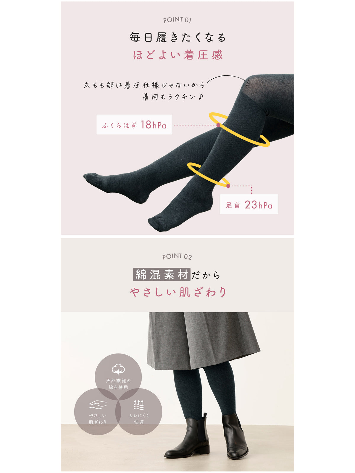 【着圧タイツ】WEB限定 肌ざわりやさしく心地よい綿混着圧250デニールタイツ＜キュットふっと＞