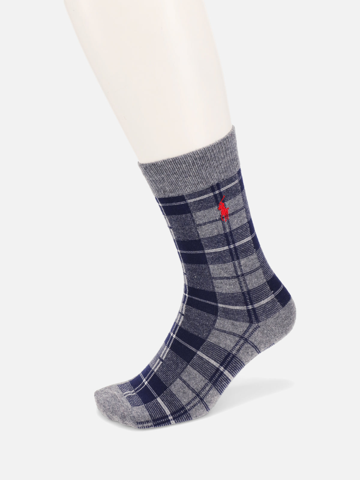 【MEN】POLO ポニー刺繍チェック柄レギュラー丈ソックス - グレーモク