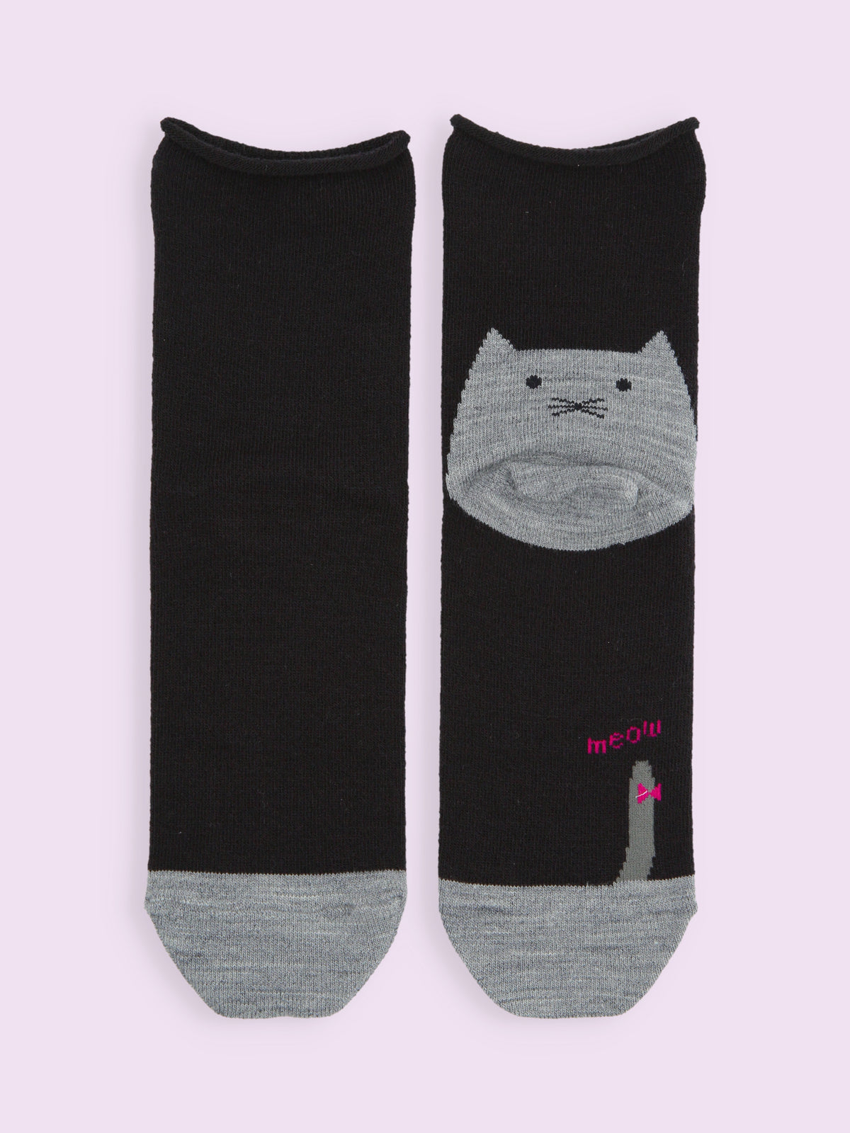 【3足1,485円】毛混かかとねこ履き口くるくるショートソックス - クロ